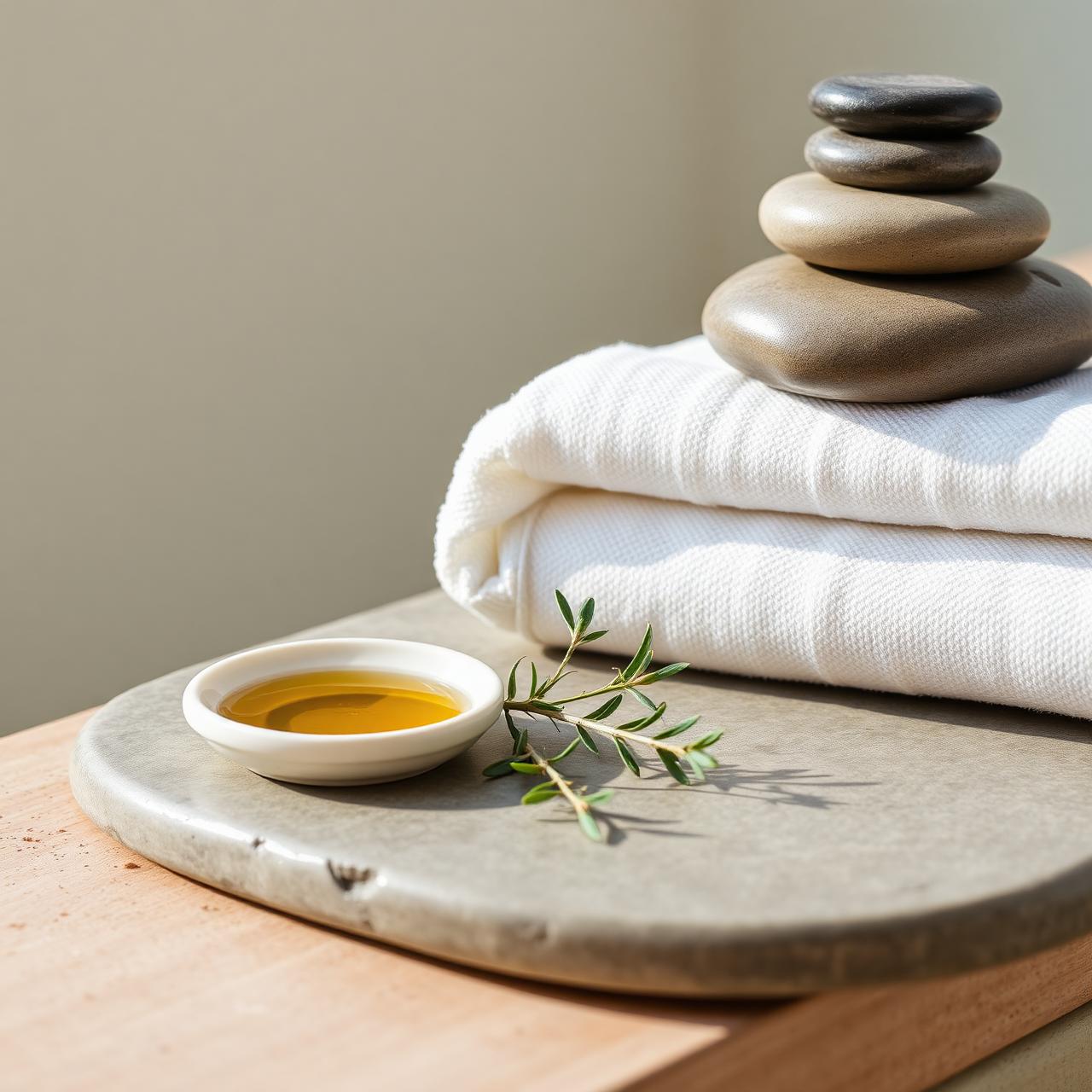 Stacked hot stones, rolled towels and oil on a stone tray